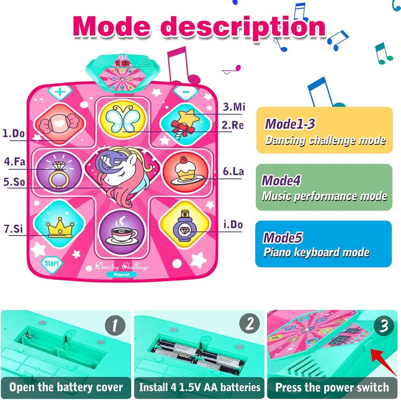 Kusntin حصيرة رقص يونيكورن، حصيرة رقص م mixer، حصيرة رقص وردية مع أضواء LED، حجم صوت قابل للتعديل، موسيقى مدمجة، 5 أوضاع ألعاب، هدايا عيد الميلاد أو عيد الميلاد للفتيات من 3-12 سنة - Image 4